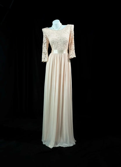 Vintage 2000s Prom Dresses A line Scoop Champagne Lace With Sleeves Long Party Formal Outfits RB6213
