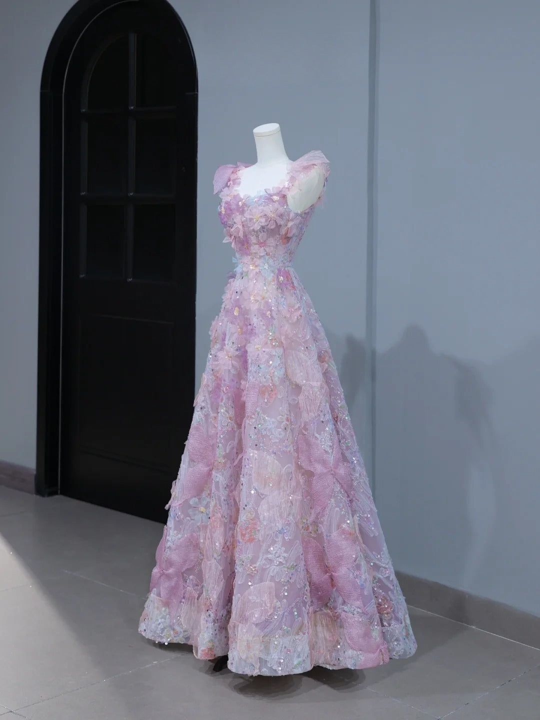 Niedliches Ballkleid im ästhetischen A-Linien-Stil mit Spaghettiträgern, rosa Blumenmuster, inspirierendem Stil, figurbetontem Korsett, langem Partykleid AS393