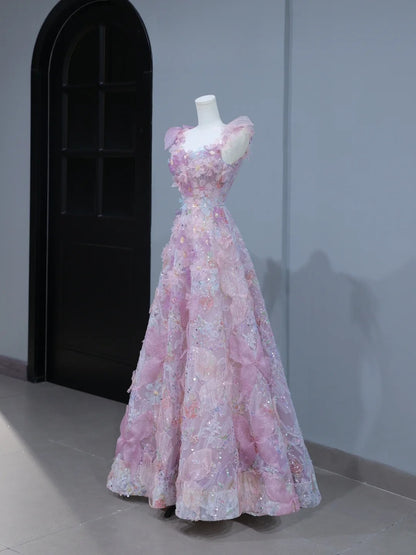 Niedliches Ballkleid im ästhetischen A-Linien-Stil mit Spaghettiträgern, rosa Blumenmuster, inspirierendem Stil, figurbetontem Korsett, langem Partykleid AS393