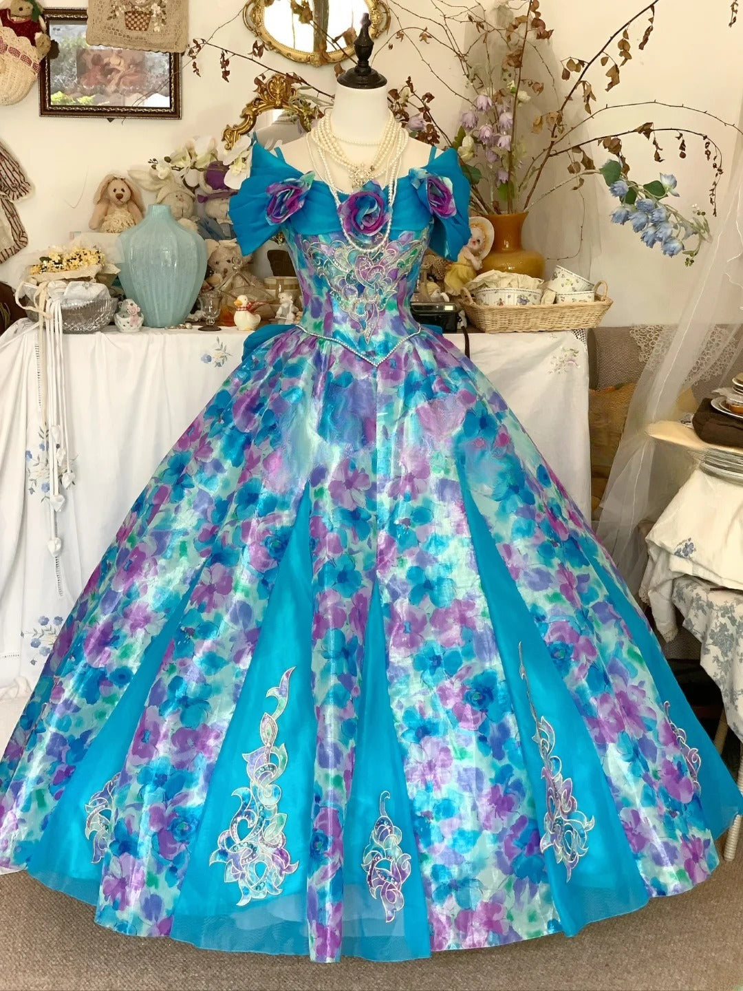Prom Dress Elegant Ball Gown Spaghetti Straps Floral Blue Formal Evening Gown for Graduation Party RB9414