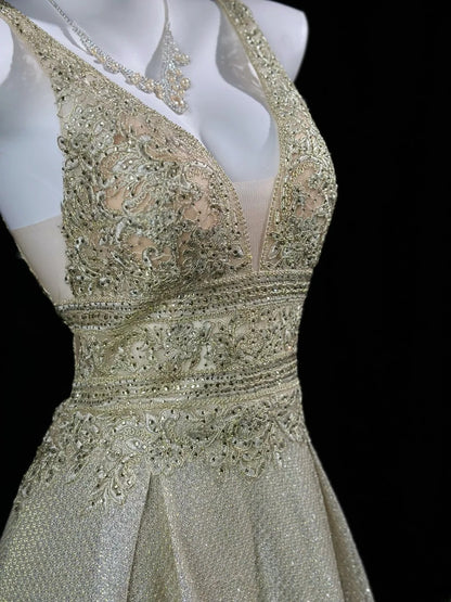 Vintage 2000s Prom Dresses A line V Neck Gold Sequined Lace Long Party Formal Outfits RB6215