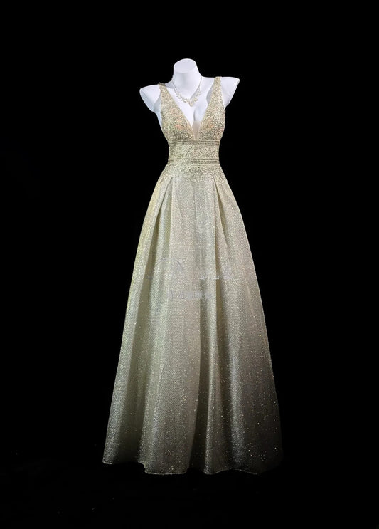 Vintage 2000s Prom Dresses A line V Neck Gold Sequined Lace Long Party Formal Outfits RB6215