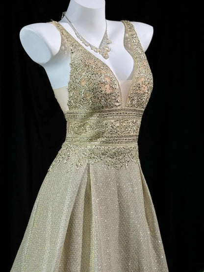Vintage 2000s Prom Dresses A line V Neck Gold Sequined Lace Long Party Formal Outfits RB6215