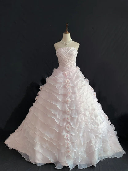 Princess Vibes Ball Gown Strapless Pink Organza Long With Tiered Quince Dress inspo Quinceanera Dresses Sweet 15 16 Outfits RB7850