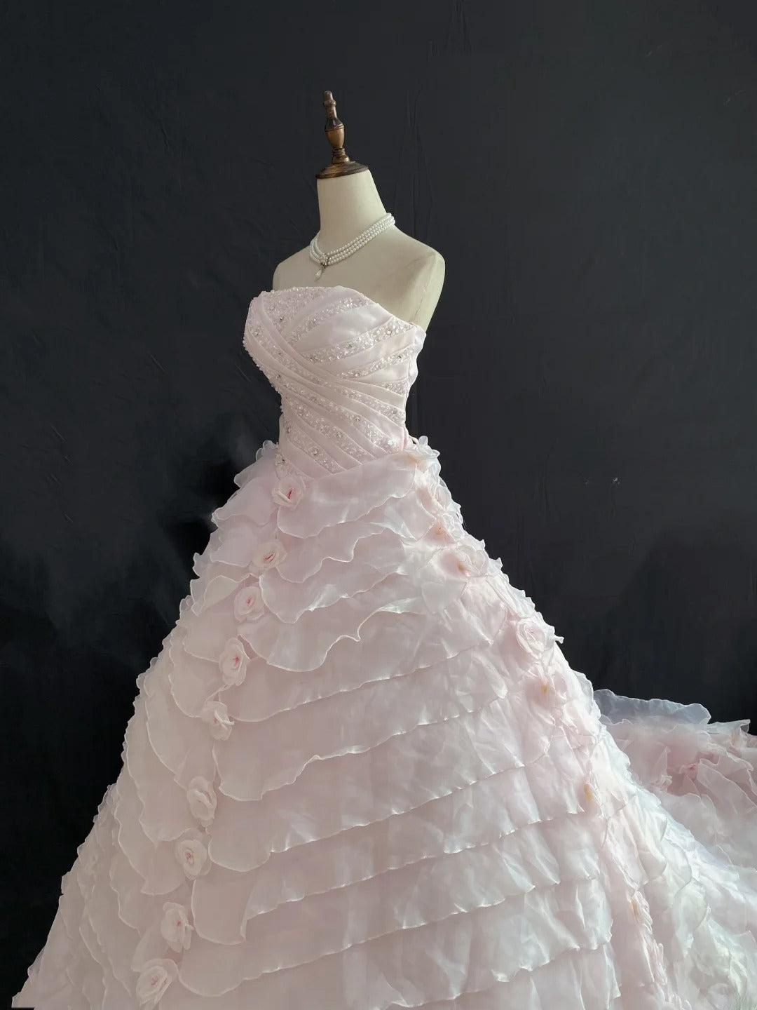 Princess Vibes Ball Gown Strapless Pink Organza Long With Tiered Quince Dress inspo Quinceanera Dresses Sweet 15 16 Outfits RB7850