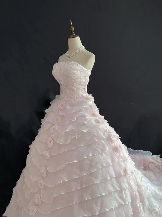 Princess Vibes Ball Gown Strapless Pink Organza Long With Tiered Quince Dress inspo Quinceanera Dresses Sweet 15 16 Outfits RB7850