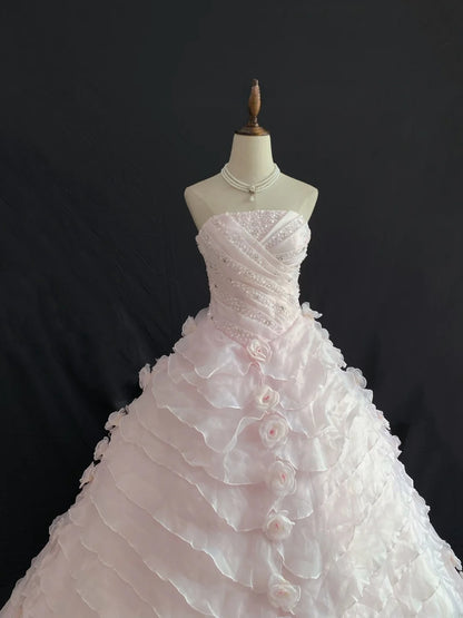 Princess Vibes Ball Gown Strapless Pink Organza Long With Tiered Quince Dress inspo Quinceanera Dresses Sweet 15 16 Outfits RB7850