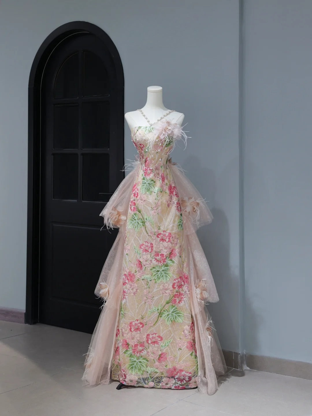 Niedliches Ballkleid im ästhetischen A-Linien-Stil mit Neckholder, Pailletten, rosa Blumenmuster, inspirierendem Stil, Korsett, figurbetontem, langem Partykleid AS397