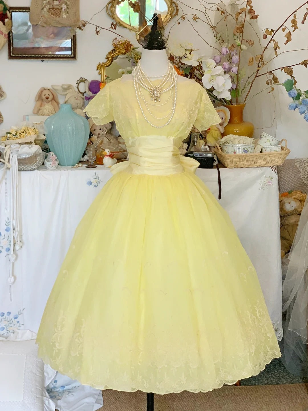 Vintage Hoco Dress Yellow Tulle Tea Length Ball Gown Homecoming Party Dress RB9416
