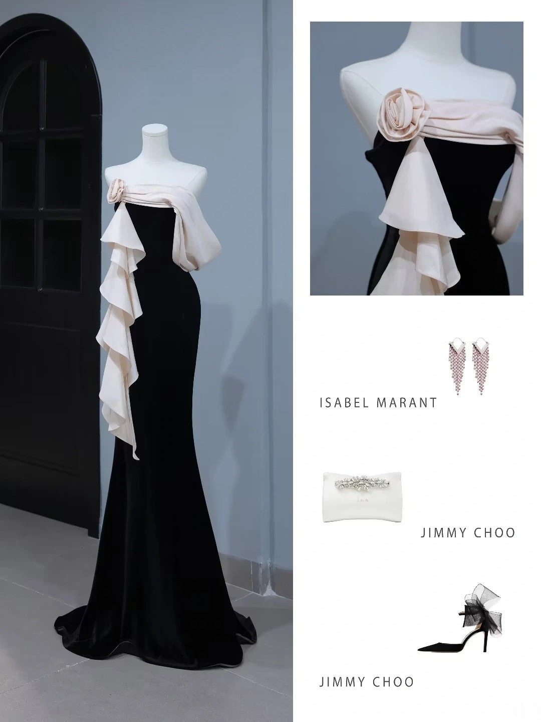 Elegantes, trägerloses Meerjungfrauen-Abendkleid aus schwarzem Samt mit Blumenmuster – Inspiration für einen stilvollen Auftritt. AS399