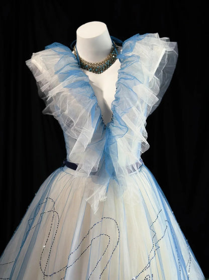 Modest Prom Dresses Ball Gown V Neck Light Blue Tulle 1950s Retro Classy Party Formal Outfits RB6217