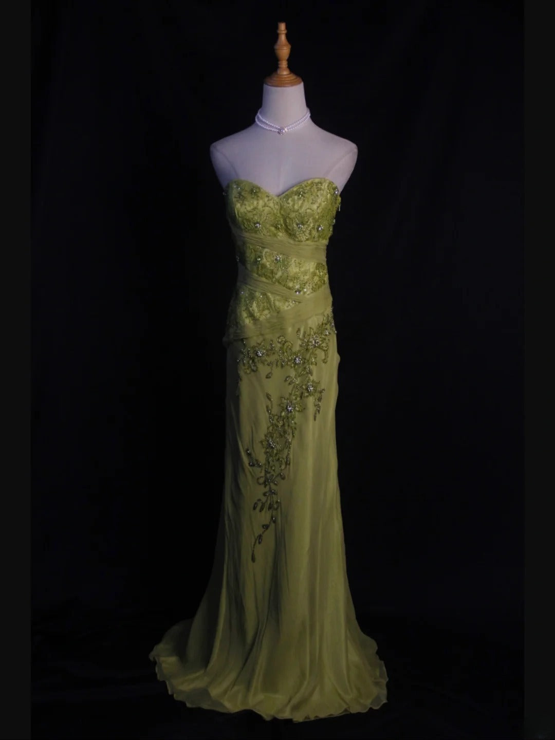 Vintage Meerjungfrauen-Kleid aus salbeigrünem Chiffon im Stil der 1950er Jahre mit herzförmigem Ausschnitt, Perlen und Spitzenoberteil, langes Ballkleid, Inspiration für Geburtstagsoutfits, Partykleid AS400