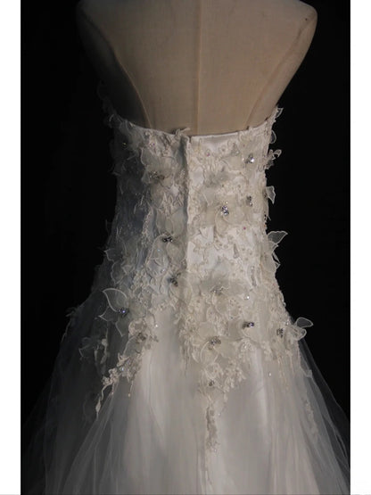 Robe de bal élégante pour femme, bustier, style vintage, en tulle et dentelle, avec traîne, modèle AS401