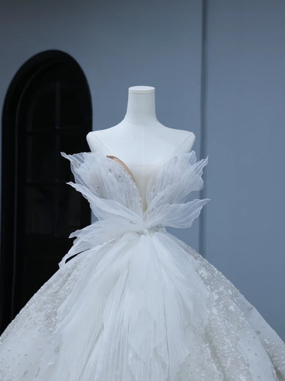 Robe de mariée longue de princesse, style bustier cœur, avec traîne plissée et froncée, blanche, AS401