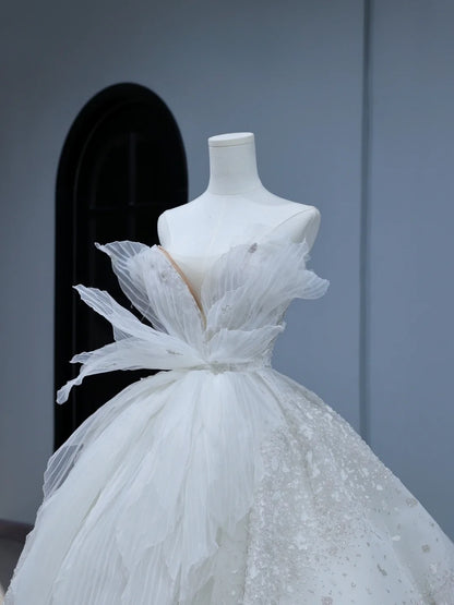 Robe de mariée longue de princesse, style bustier cœur, avec traîne plissée et froncée, blanche, AS401