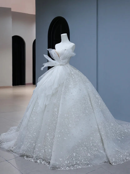 Robe de mariée longue de princesse, style bustier cœur, avec traîne plissée et froncée, blanche, AS401