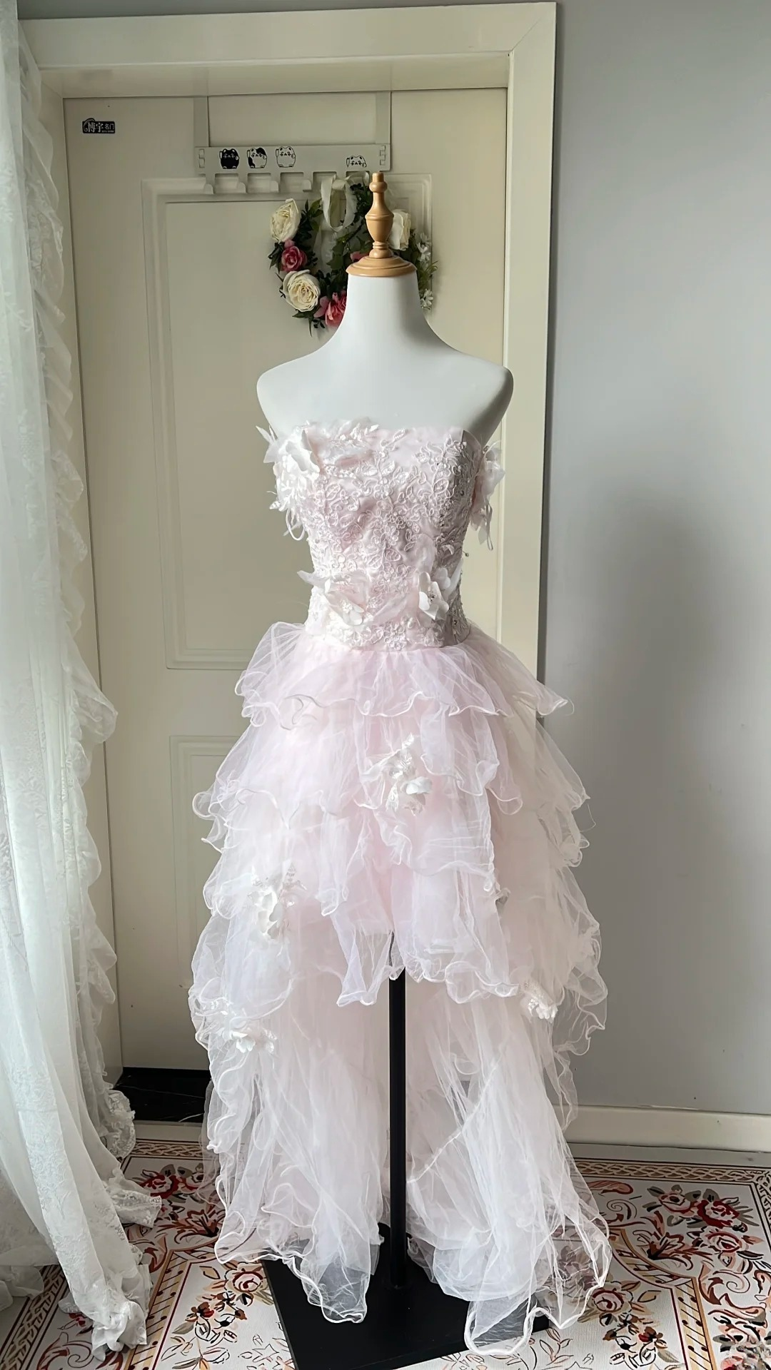 Sweet 16 Dress Ideas High Low Strapless Light Pink Tulle With Appliques Ball Gown Sweet Sixteen Birthday Dresses RC0724