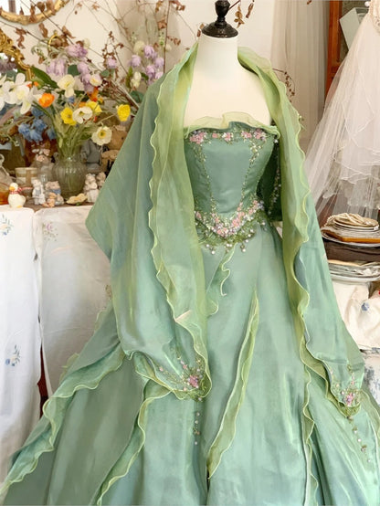 Prom Dress Elegant Ball Gown Spaghetti Straps Green With Cape Formal Evening Gown for Graduation Party RB9415