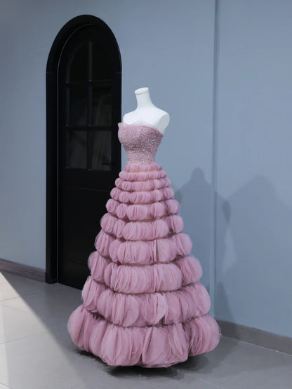Niedliche Ballkleider, ästhetisches, trägerloses, langes, pinkes Abendkleid, inspirierender Stil, beeindruckendes, figurbetontes, langes Partykleid mit Korsett AS402