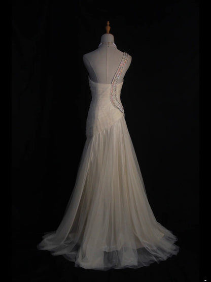 Robe de mariée sirène élégante à une épaule en tulle blanc vintage pour femme, avec traîne balayée, AS402