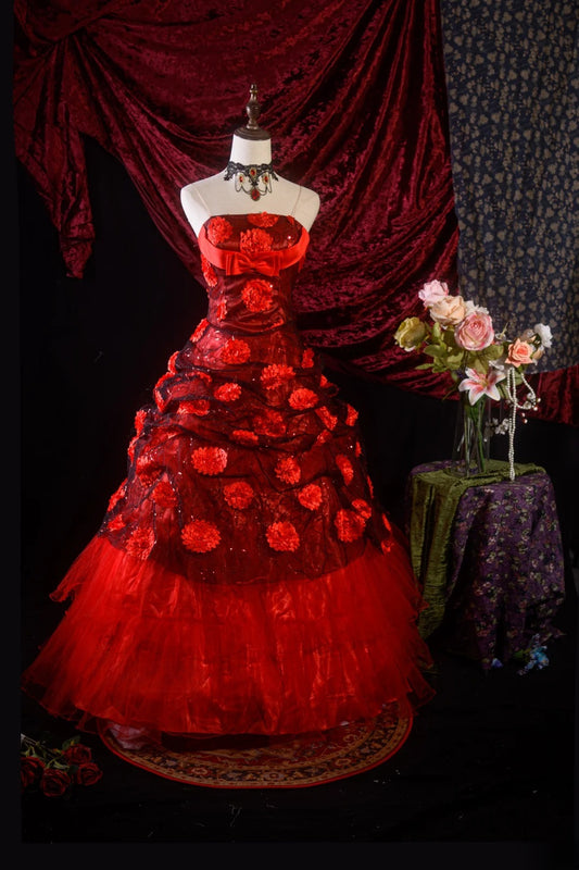 Ball Gown Strapless Red Tulle Sweet 15 Quinceanera Dresses Formal Gown Birthday Vestido De 15 Años RB8596