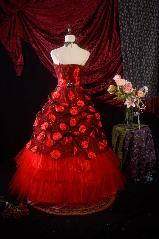Ball Gown Strapless Red Tulle Sweet 15 Quinceanera Dresses Formal Gown Birthday Vestido De 15 Años RB8596