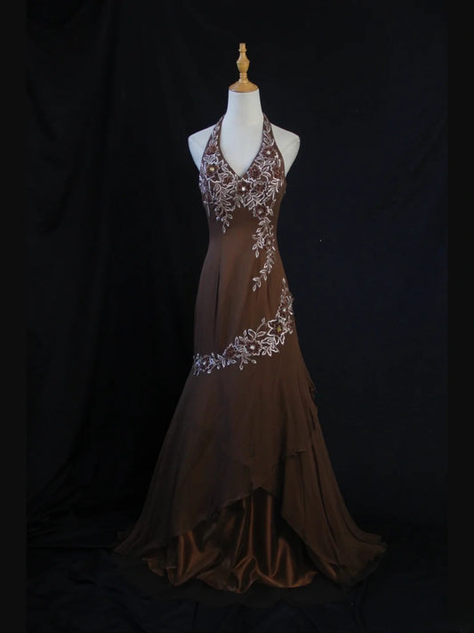 Vintage Meerjungfrauen-Abendkleid aus den 80er Jahren, brauner Chiffon mit Perlen, Neckholder, Inspiration für Geburtstagsoutfits, festliche Kleider AS403