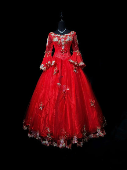 Pretty Ball Gown Scoop Red Tulle Prom Dresses Long Sleeves 15 Quinceanera Dresses Photo Ideas Formal Outfit RB6221