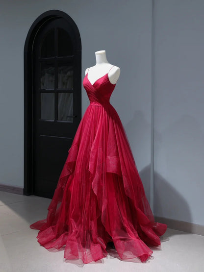 Elegante, schlichte Ballkleider im A-Linien-Stil mit Spaghettiträgern in Burgunderrot aus Tüll – Inspiration für Teenager und Schülerinnen: Beeindruckendes, plissiertes, langes Abendkleid (AS403)