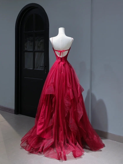 Elegante, schlichte Ballkleider im A-Linien-Stil mit Spaghettiträgern in Burgunderrot aus Tüll – Inspiration für Teenager und Schülerinnen: Beeindruckendes, plissiertes, langes Abendkleid (AS403)