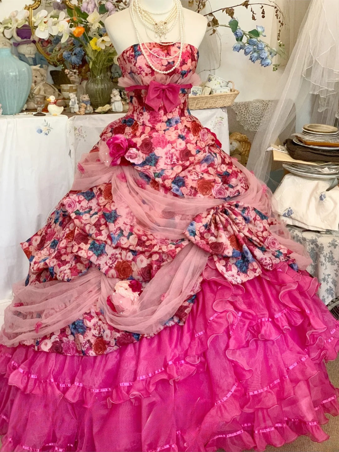 Prom Dress Elegant Ball Gown Strapless Floral Pink With Tiered Formal Evening Gown for Graduation Party RB9417