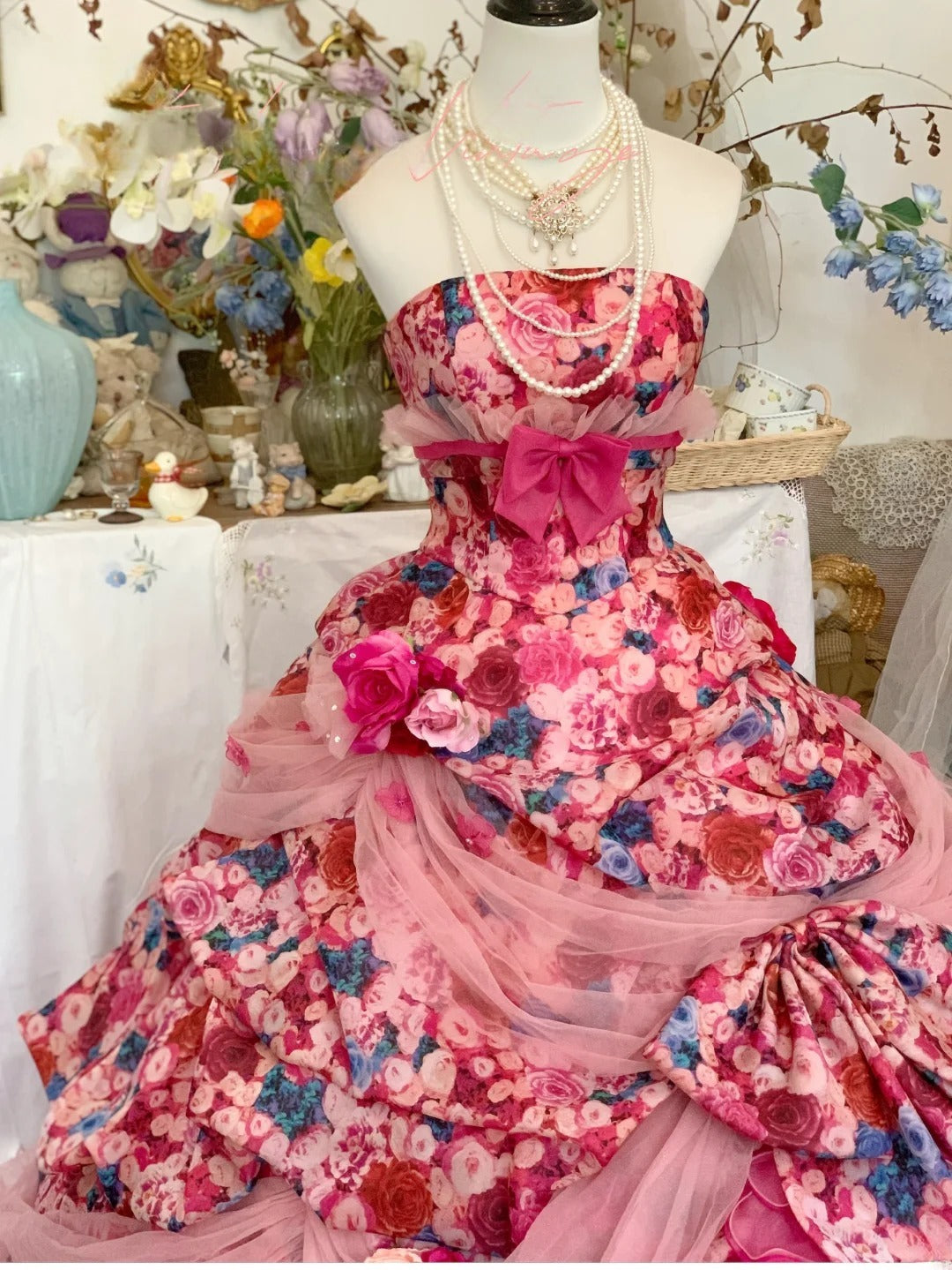Prom Dress Elegant Ball Gown Strapless Floral Pink With Tiered Formal Evening Gown for Graduation Party RB9417