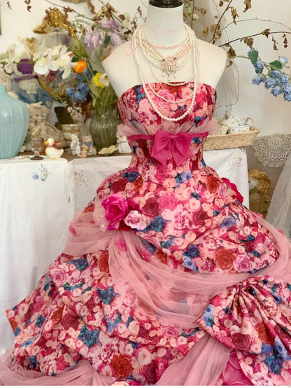 Prom Dress Elegant Ball Gown Strapless Floral Pink With Tiered Formal Evening Gown for Graduation Party RB9417
