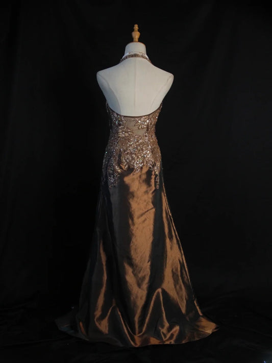 Vintage Meerjungfrauen-Kleid im 80er-Jahre-Stil, Neckholder, Schokoladenbraunes Taftkleid mit Schlitz und Perlen, Langes Ballkleid, Inspiration für Geburtstagsoutfits, Abendkleider AS404