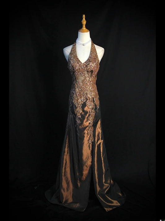 Vintage Meerjungfrauen-Kleid im 80er-Jahre-Stil, Neckholder, Schokoladenbraunes Taftkleid mit Schlitz und Perlen, Langes Ballkleid, Inspiration für Geburtstagsoutfits, Abendkleider AS404