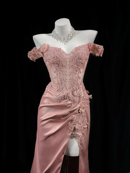 Classy Prom Dresses Mermaid Off The Shoulder Pink Satin 1950s Retro Classy Party Formal Outfits RB6222
