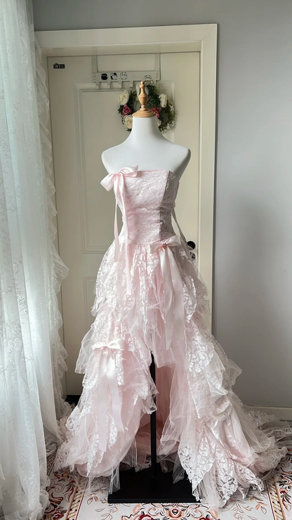 Sweet 16 Dress Ideas High Low Strapless Pink Tulle Lace With Bow-knot Ball Gown Sweet Sixteen Birthday Dresses RC0727