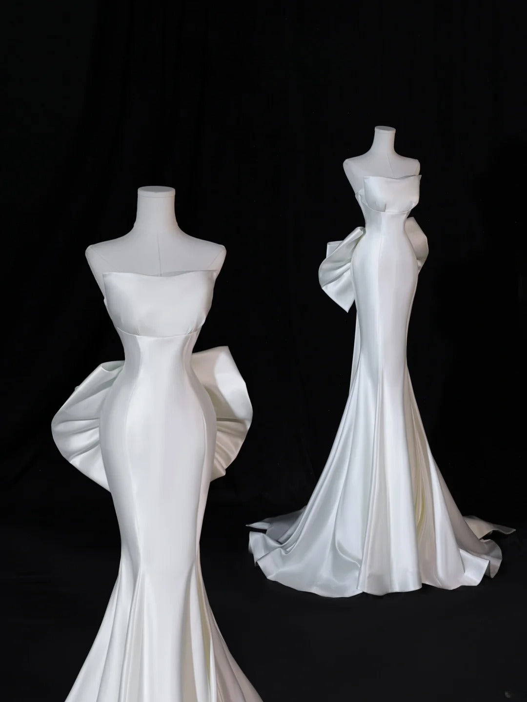 Modest Long Wedding Dresses Mermaid Strapless Satin Style for Bride With Bow-knot Bodice Train Bridal Dresses AS405