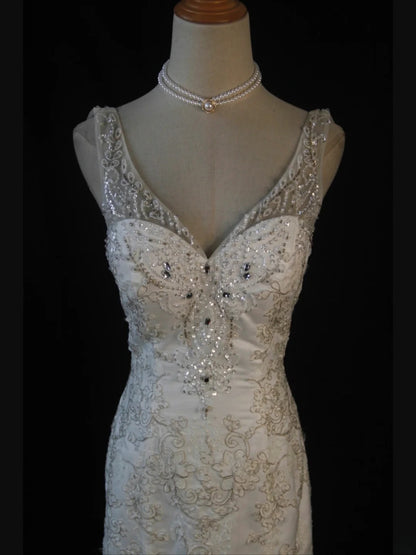 Robe de mariée sirène élégante en tulle transparent blanc vintage à bustier cœur et traîne balayée pour femme AS406
