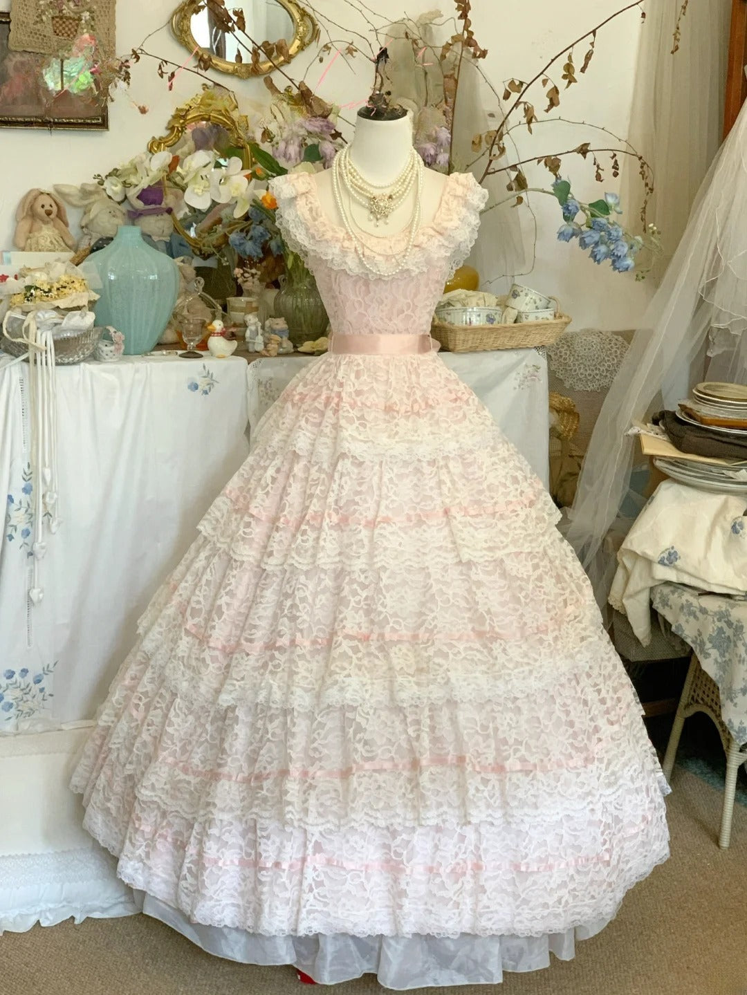 Square Neck Pink Lace Sweet 16 Dress Ballgown Sweet Sixteen Dress With Flowers RB9419