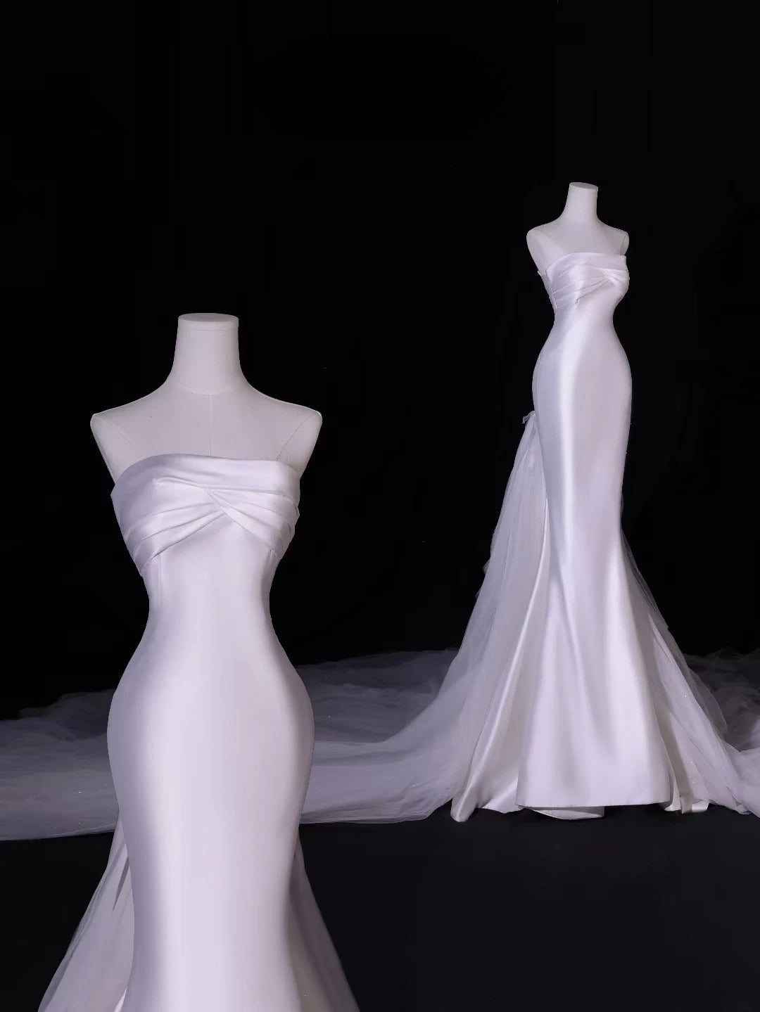 Robe de mariée longue et sobre, style sirène bustier en satin soyeux, avec corsage plissé et traîne, modèle AS407
