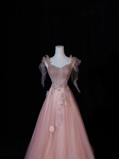 Robe de bal modeste, coupe trapèze, bretelles spaghetti, tulle rose, inspiration élégante, robe de soirée longue et formelle pour adolescentes et lycéennes AS408