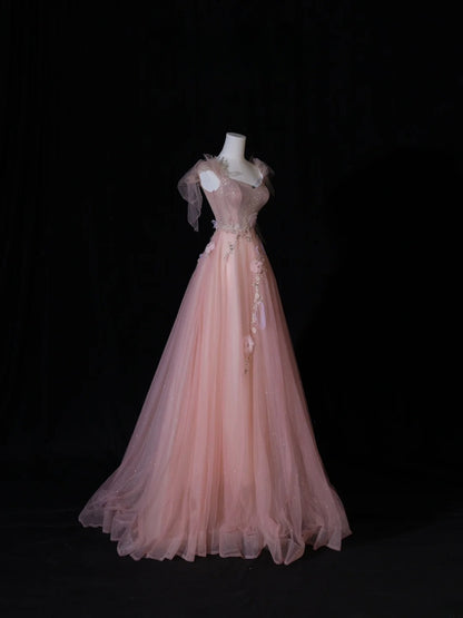 Robe de bal modeste, coupe trapèze, bretelles spaghetti, tulle rose, inspiration élégante, robe de soirée longue et formelle pour adolescentes et lycéennes AS408