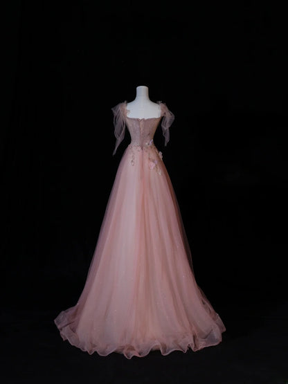 Robe de bal modeste, coupe trapèze, bretelles spaghetti, tulle rose, inspiration élégante, robe de soirée longue et formelle pour adolescentes et lycéennes AS408