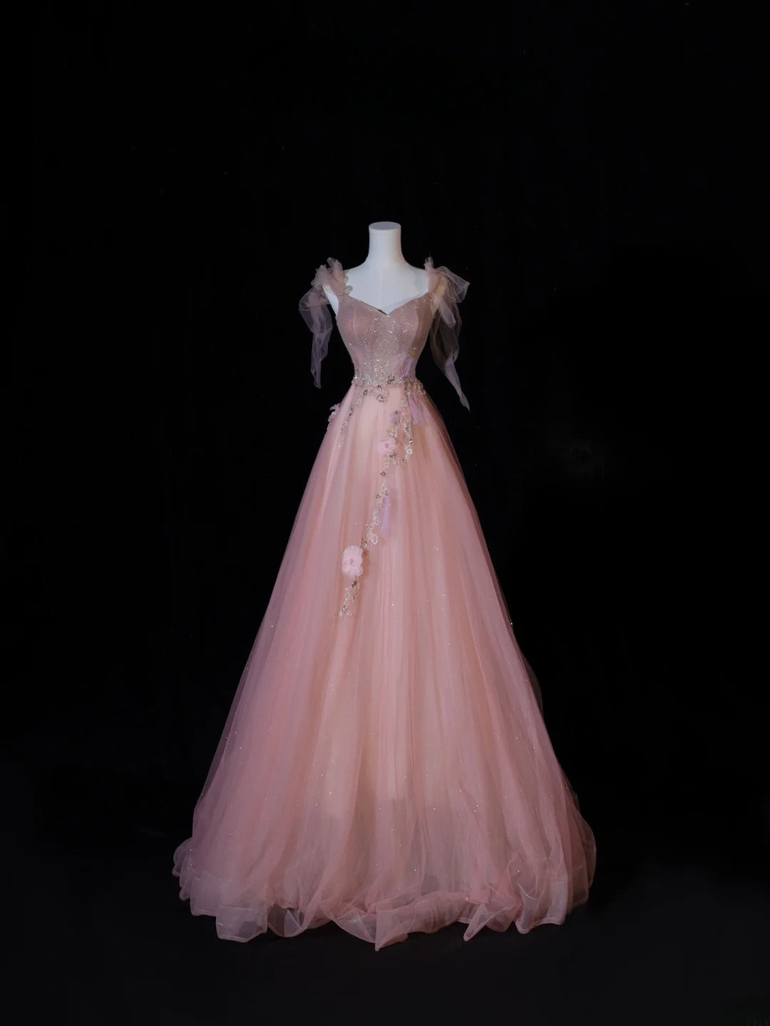 Robe de bal modeste, coupe trapèze, bretelles spaghetti, tulle rose, inspiration élégante, robe de soirée longue et formelle pour adolescentes et lycéennes AS408