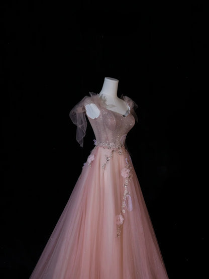 Robe de bal modeste, coupe trapèze, bretelles spaghetti, tulle rose, inspiration élégante, robe de soirée longue et formelle pour adolescentes et lycéennes AS408