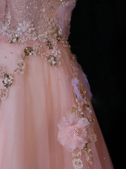 Robe de bal modeste, coupe trapèze, bretelles spaghetti, tulle rose, inspiration élégante, robe de soirée longue et formelle pour adolescentes et lycéennes AS408