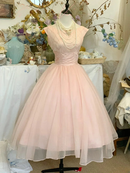 Vintage Hoco Dress Pink Tulle Tea Length Ball Gown Homecoming Party Dress RB9421