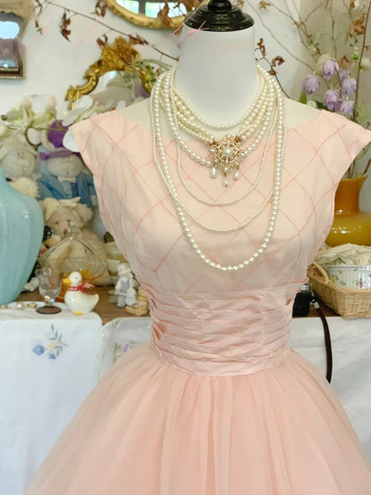 Vintage Hoco Dress Pink Tulle Tea Length Ball Gown Homecoming Party Dress RB9421