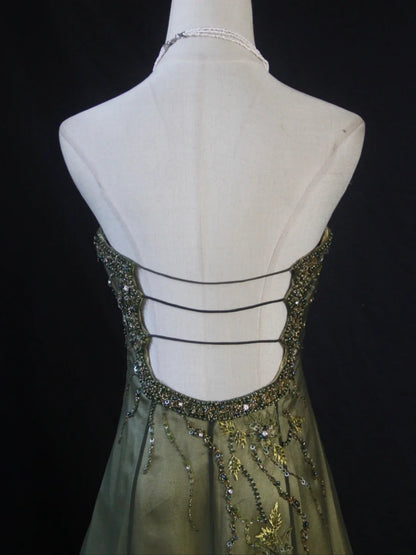 Vintage A-Linien-Kleid aus grünem Chiffon im Stil der 1950er Jahre mit herzförmigem Ausschnitt und Perlenbesatz am Oberteil – langes Ballkleid, Inspiration für Geburtstagsoutfits, Partykleid AS409